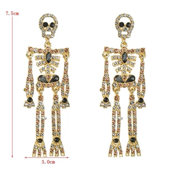 Rhinestone Skeleton Silver Long Halloween Earrings Halloween Spooky Crystal - Picture 2 of 3